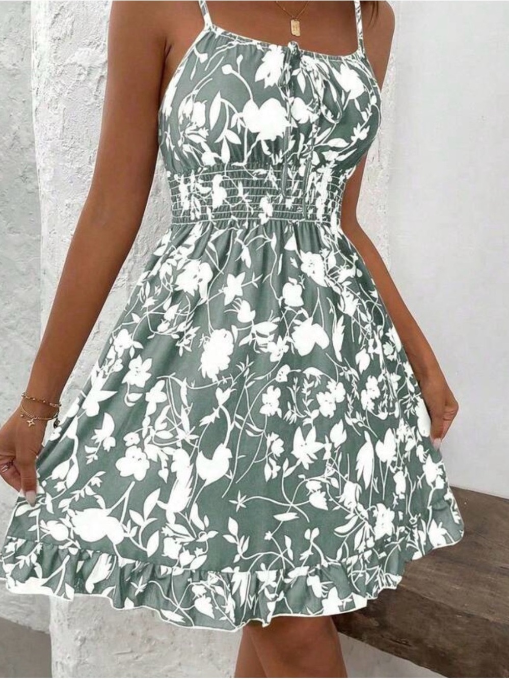 SHEIN Sage Green Floral Smocked Mini Dress
